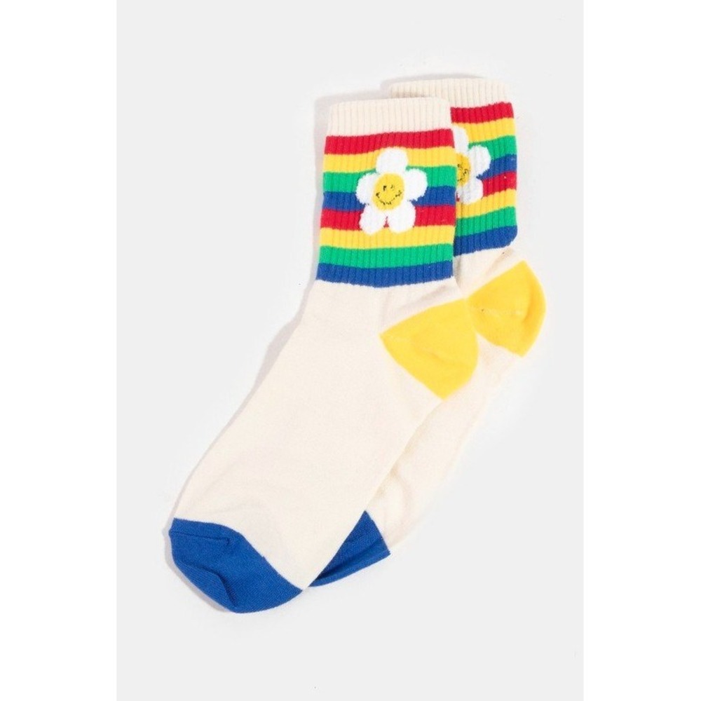 NEW Rainbow Striped Flower Smiley Face Crew Socks White Retro Vintage‎ Style